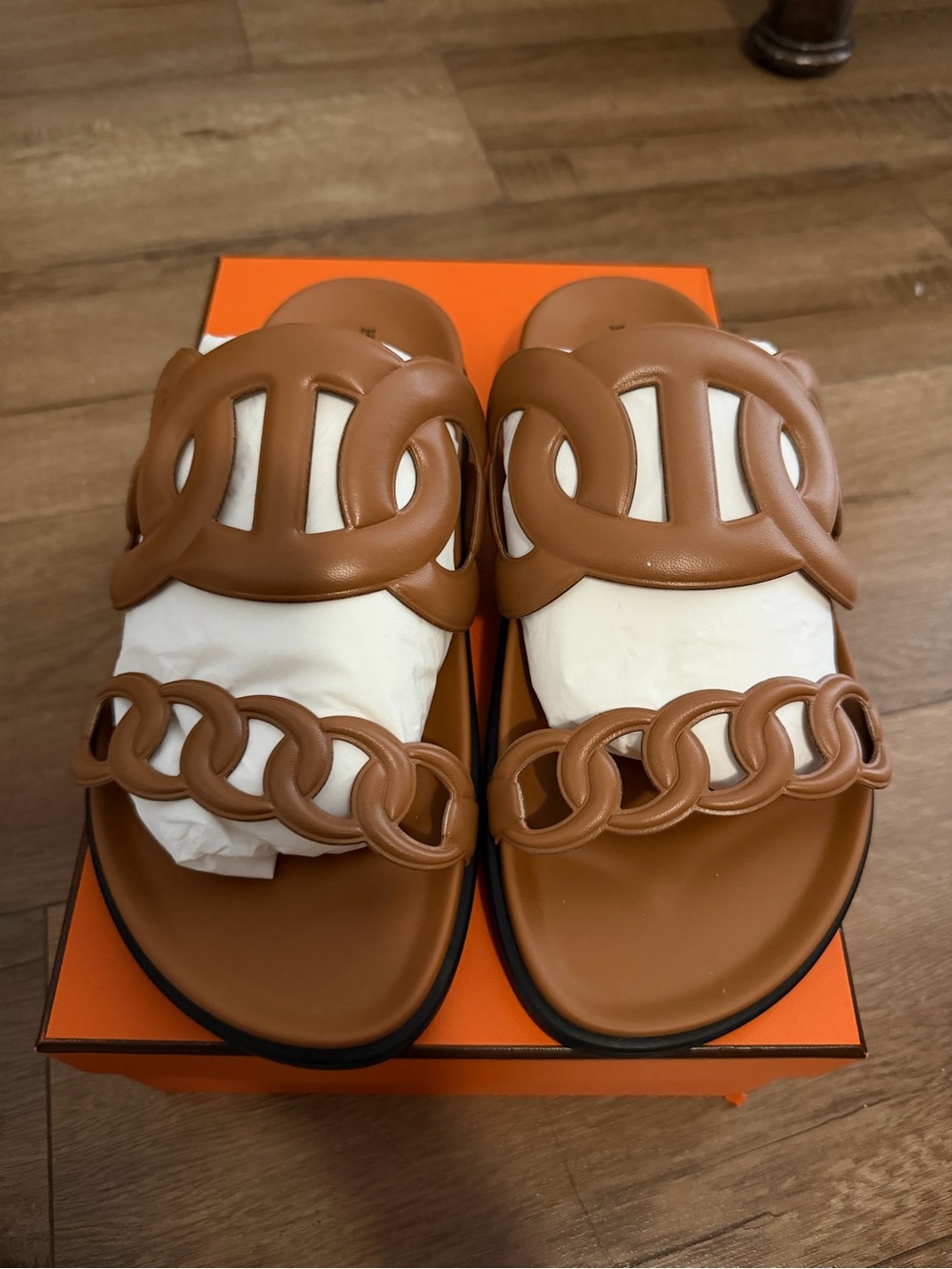 Hermes Brown Leather Chain-Link Slide Sandals